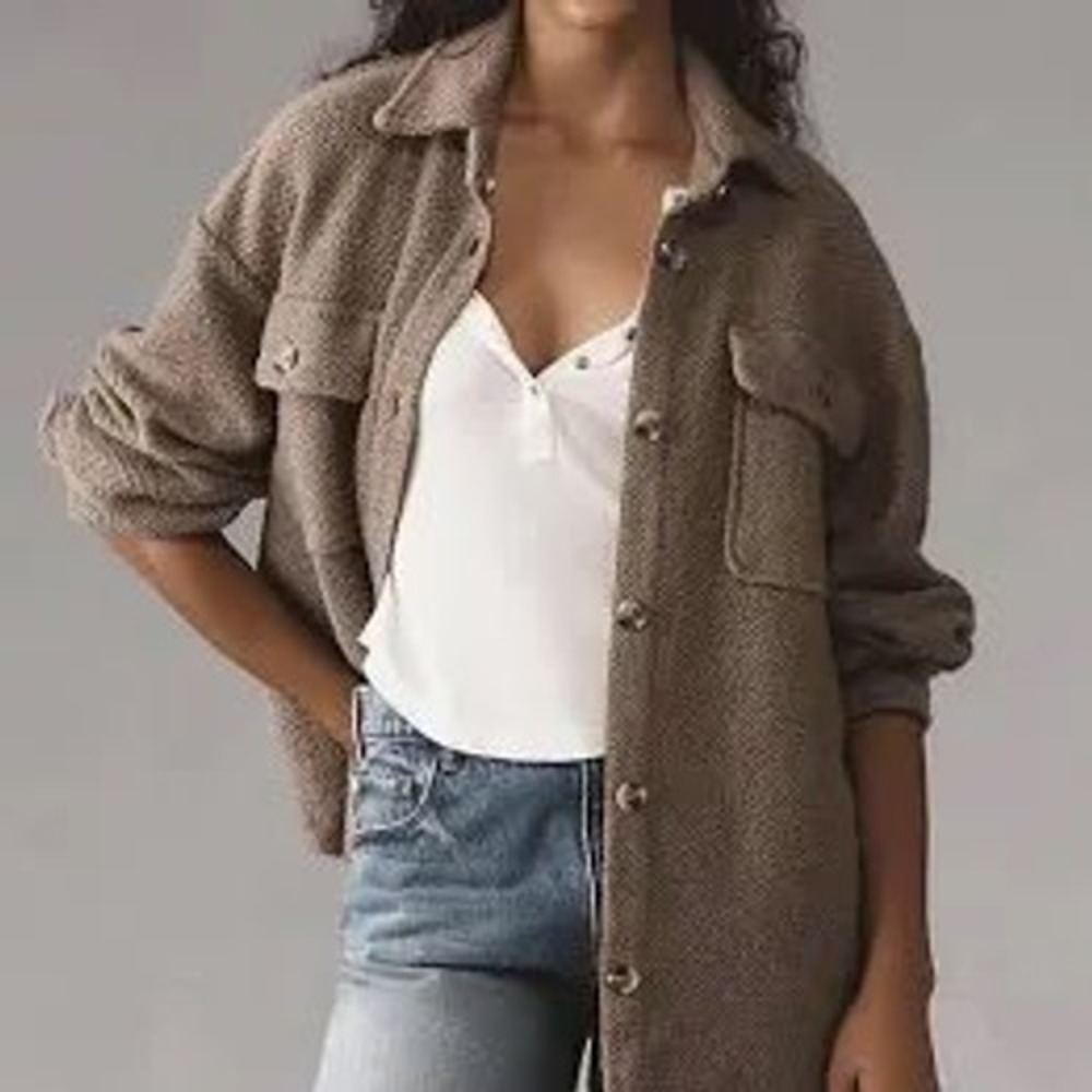 Anthropologie Textured Knit Shacket Brown Cotton Button Down XS Oversized